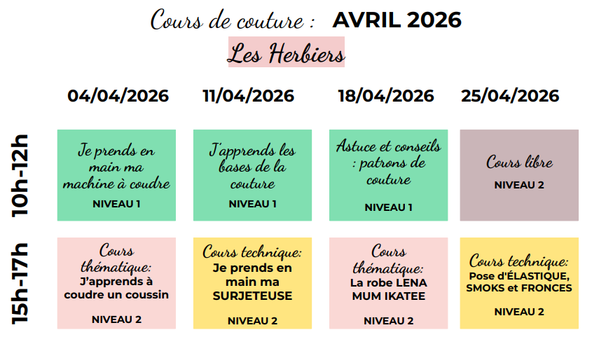 PROGRAMME COURS DE COUTURE AVRIL