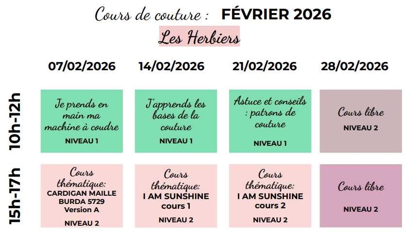 PROGRAMME COURS DE COUTURE FEVRIER